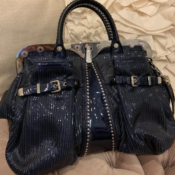 Versace Blue Striped Patent Leather Studded Frame Satchel (Rare) - Picture 1 of 7